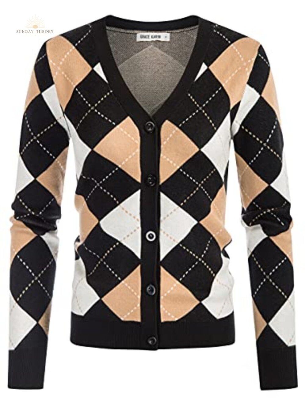 Argyle Cardigan Sweater Button Down V-Neck Long Sleeve Preppy Fall Layer